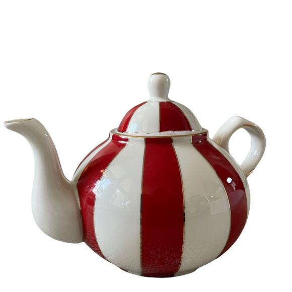 Grace Teaware Fine Porcelain Teapot Holiday Red White Gold Peppermint Stripe New - Picture 13 of 16